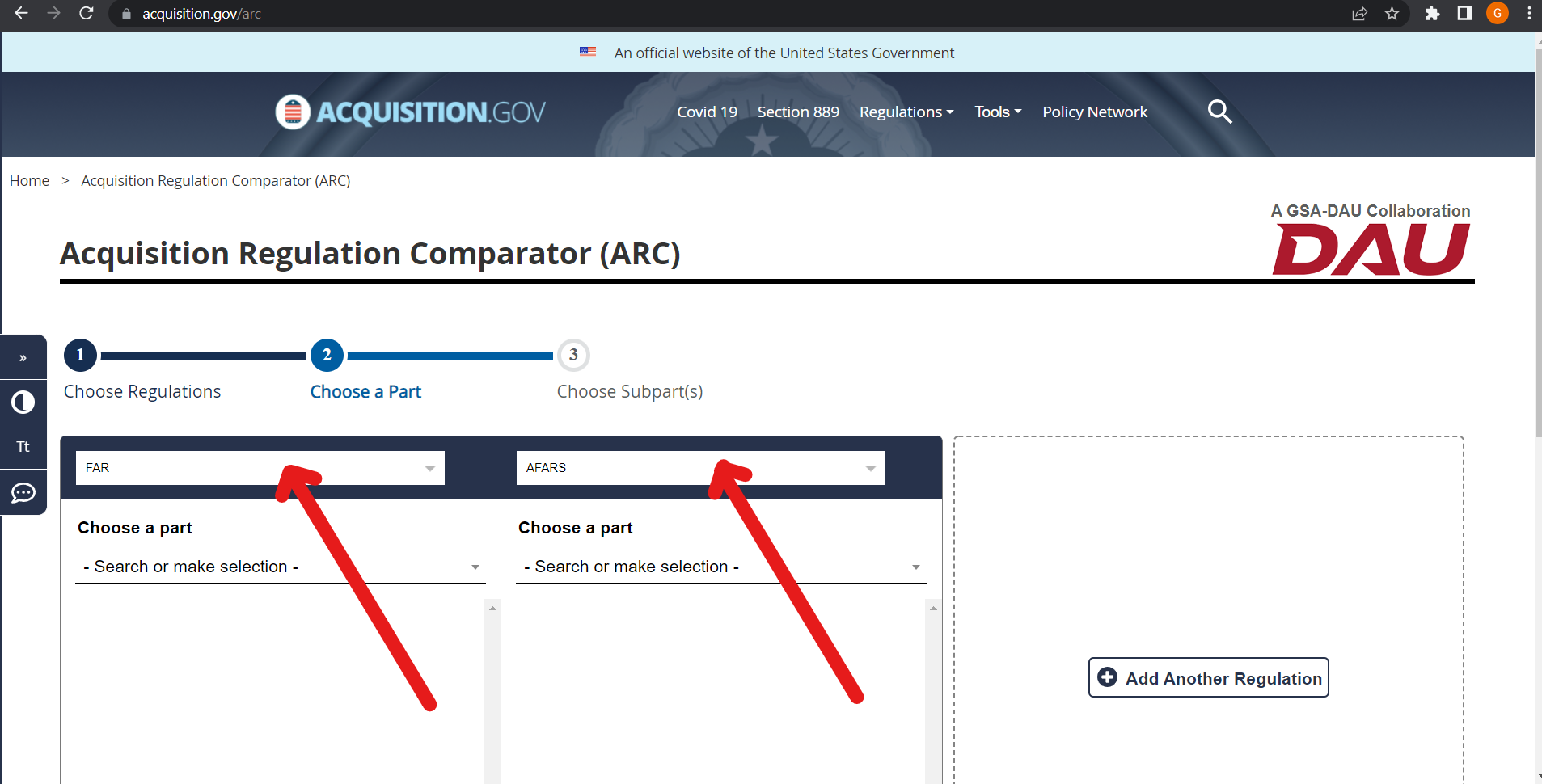 ARC 1st column regulation select dropdown