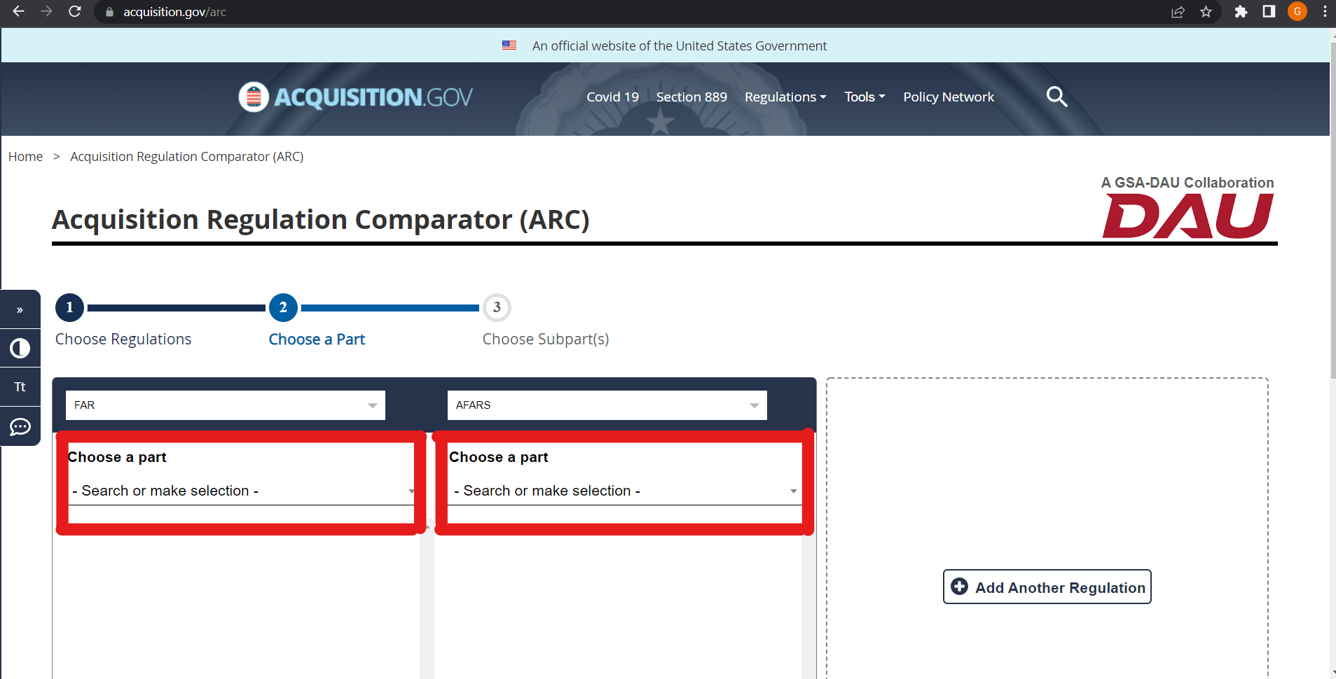 ARC Two parts selection dropdowns circled in red