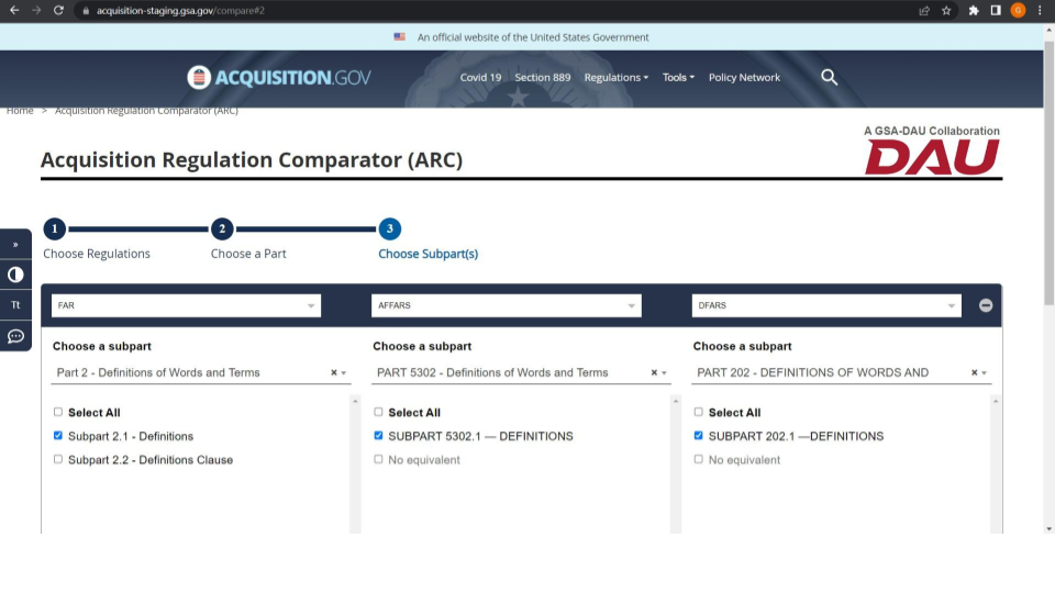 ARC subparts selected